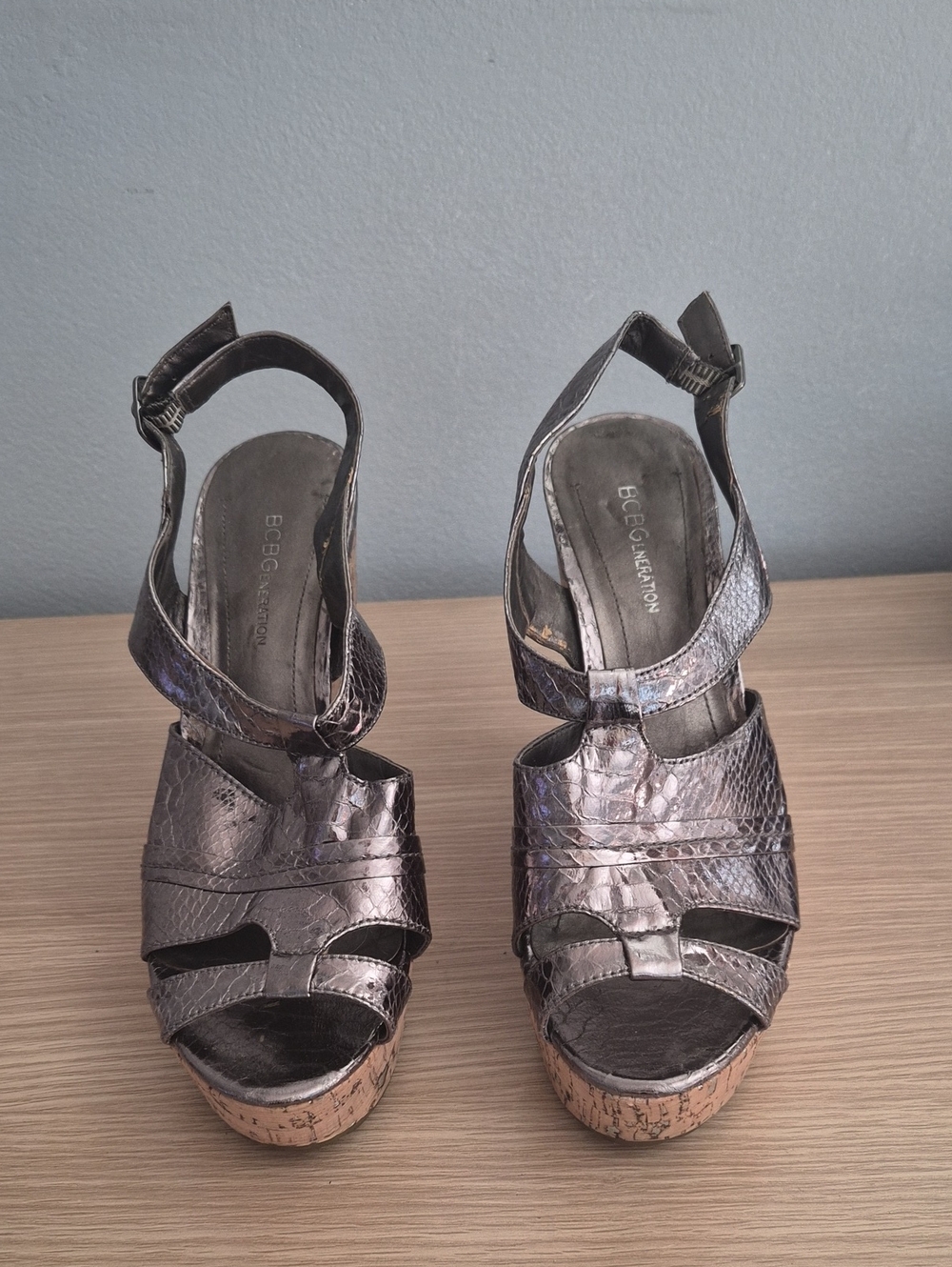 BCBGeneration Metallic Pewter Cork Platform Wedge Sandals